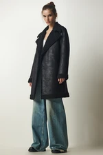Happiness İstanbul Women's Black Double Breasted Neck Shearling Nubuck Coat Happiness İstanbul Women's Black Double Breasted Neck Shearling Nubuck Coat