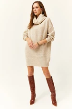 Olalook Women's Stone Degaussed Collar Soft Textured Knitwear Tunic Dress