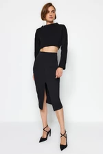 Trendyol Black Textured Crepe Pencil Skirt With Slits In The Front, Flexible Knitted Skirt