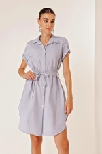 By Saygı Blue Stripe See-through Dress With Belted Waist Short Sleeves and Buttons Front