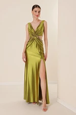 By Saygı Double-breasted Collar Lined Waist Decollete Chain Detail Long Satin Dress Pistachio Green.