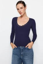 Trendyol Navy Blue V-Neck Lace Detail Ribbed Fitted/Situated Cotton Knitted Blouse in Cotton