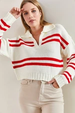 Bianco Lucci Women's Polo Neck Striped Knitwear Sweater