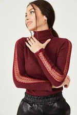 armonika Women's Claret Red with Neck Sleeves Lace Detailed Knitwear Sweater