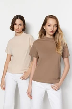 Trendyol Beige-Mink 2-Pack 100% Cotton Basic Stand Up Collar Knitted T-Shirt