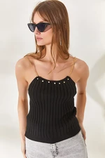 Olalook Women's Black Chain Straps With Stone Garnish Knitwear Blouse