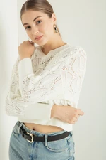 Lafaba Women's White Crew Neck Openwork/Perforated Knitwear Sweater