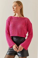 XHAN Fuchsia Crew Neck Openwork Crop Sweater
