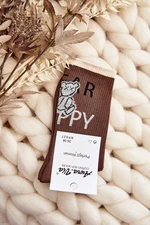 Brown women's cotton socks with inscription and teddy bear