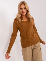 Light brown women's sweater with cable neckline