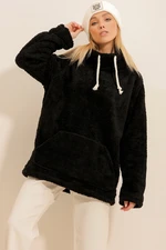 Trend Alaçatı Stili Women's Black High Neck Kangaroo Pocket Plush Sweatshirt Trend Alaçatı Stili Women's Black High Neck Kangaroo Pocket Plush Sweatshirt