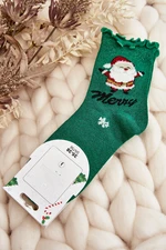 Women's shiny Christmas socks with Santa Claus, green