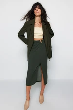 Trendyol Khaki Crepe Buckled Maxi High Waist Elastic Knitted Skirt With Slit Detail