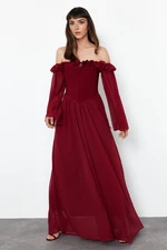 Trendyol Burgundy Waist Opening/Skater Chiffon Long Evening Evening Dress