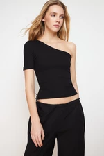 Trendyol Black Single Sleeve Fitted Ribbed Cotton Stretch Knit Blouse