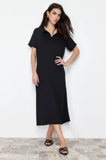 Trendyol Black Polo Neck Short Sleeve Midi Crepe/Textured Knitted Dress