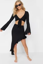 Trendyol Black Fitted Woven Ruffle Blouse Skirt Set