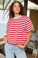 Trendyol Red Striped 100% Cotton Asymmetrical Loose/Relaxed Cut Knitted T-Shirt