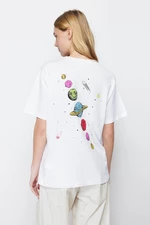 Trendyol White 100 Cotton Front and Back Galaxy Printed Oversize/Wide Crew Neck Knitted T-Shirt