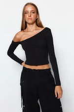 Trendyol Black One-Shoulder Cotton Knitted Blouse with an Stretchy Fitted/Simple Crop
