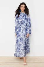 Trendyol Blue Floral Pattern Lined Long Chiffon Evening Dress