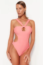 Trendyol Różowy Kostium Kąpielowy Bez Ramiączek Z Wycięciem/Okienkiem Z Wysokimi Nogawkami