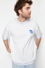 Trendyol Ecru Oversize Stitch Detail Printed 100% Cotton T-Shirt