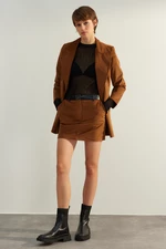 Trendyol Dark Brown Premium High Quality Belt Faux Leather Velvet Mini Woven Skirt