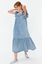 Trendyol Light Blue Frilly Oversize Maxi Denim Dress