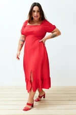 Trendyol Curve Red Crew Neck Skirt Ruffle Woven Dress