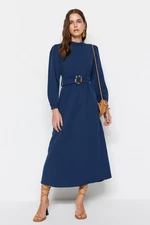 Trendyol Navy Blue Belted High Neck Linen Look Woven Dress