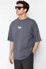 Trendyol Anthracite Oversize Animal Embroidery Printed 100% Cotton T-Shirt