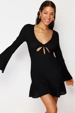 Trendyol Black Fitted Mini Knitted Frilly Beach Dress