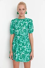 Trendyol Zielona Kwiatowa Talia Odkryte Plecy Detal Mini Tkana Sukienka