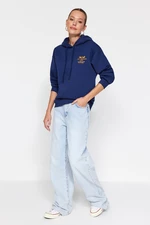 Trendyol Navy Blue Regular/Regular Fit Embroidered Hood with Fleece Inside Knitted Sweatshirt