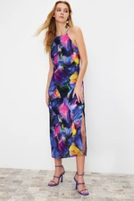 Trendyol Multicolor Floral Print Straight Cut Halter Neck Midi Satin Lined Woven Dress