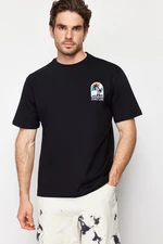 Trendyol Black Relaxed/Casual Fit Landscape Embroidered 100% Cotton Short Sleeve T-Shirt