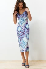 Trendyol Blue Strap Printed A-Line/A-Line Form Flexible Knitted Midi Pencil Dress