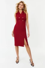 Trendyol Burgundy Button Detailed Slit Fitted/Fitted Midi Woven Dress