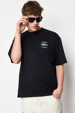 Trendyol Black Oversize/Wide-Fit 100% Cotton Velvet Texture Printed T-Shirt