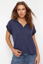 Trendyol Indigo Linen Look Regular/Normal Fit Polo Neck Short Sleeve T-shirt