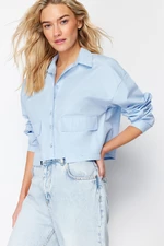 Trendyol Blue Crop Pocket Detailed Regular Fit Woven Shirt