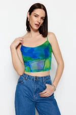 Trendyol Green Patterned Fitted/Simple Crop with Straps and Tulle Stretch Knitted Blouse