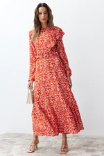 Trendyol Red Floral Lined Ruffle Detailed Belted Woven Dress