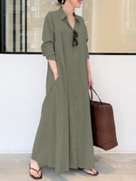 Women Retro Solid Color Turn-Down Collar Loose Casual Shirt Dress With Pocket