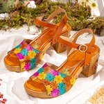 Socofy Leather Colorful Flowers Splicing Comfy Casual Rivet Retro Buckle High Heel Sandals