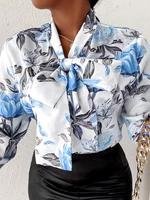 Bow Collar Floral Print Long Sleeve Butterfly Knot Blouse