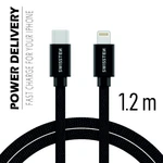 Adatkábel Swissten textil s USB-C + Lightning konnektorral és gyorstöltés támogatással 1,2 m, fekete