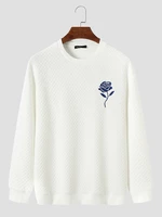 Mens Rose Embroidery Textured Crew Neck Pullover Sweatshirts