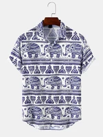 Mens Elephant Print Ethnic Short Sleeve Lapel Shirts